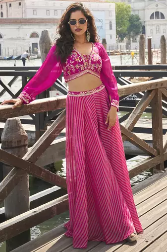 Pink viscose jacquard silk embroidered western Palazzo suit