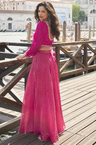 Pink viscose jacquard silk embroidered western Palazzo suit