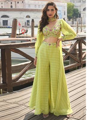 Lime green viscose jacquard silk embroidered western plazzo suit 1