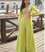 Lime green viscose jacquard silk embroidered western plazzo suit
