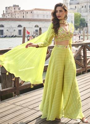 Lime green viscose jacquard silk embroidered western plazzo suit 2