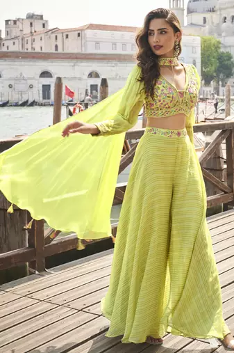 Lime green viscose jacquard silk embroidered western plazzo suit