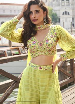 Lime green viscose jacquard silk embroidered western plazzo suit 3