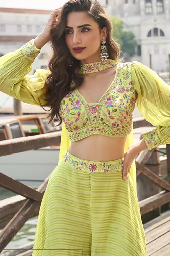 Lime green viscose jacquard silk embroidered western plazzo suit