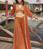 Rust viscose jacquard silk embroidered western Palazzo suit