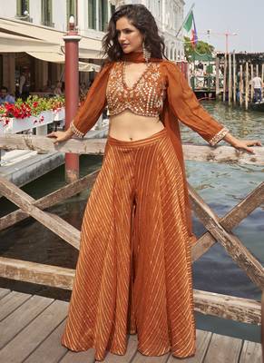 Rust viscose jacquard silk embroidered western Palazzo suit 2