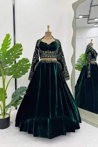 Dark Green Velvet Embroidered Fully Stitched Lehenga Choli