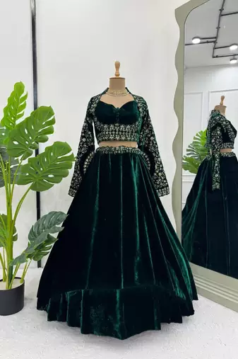 Dark Green Velvet Embroidered Fully Stitched Lehenga Choli