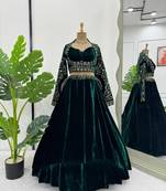 Dark Green Velvet Embroidered Fully Stitched Lehenga Choli
