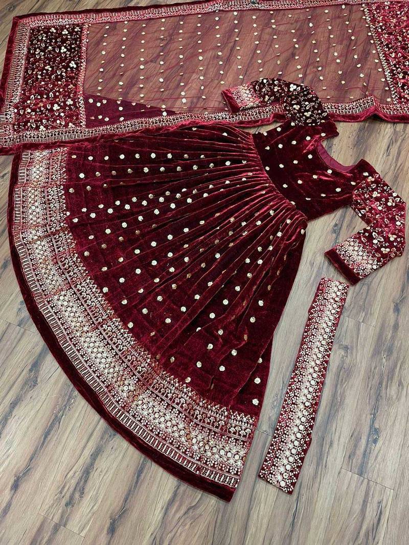 Maroon Velvet Anarkali Suit