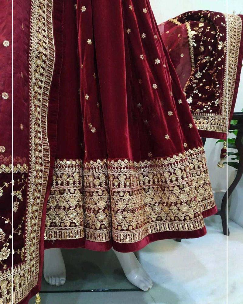 Maroon Designer Velvet Suit with Thread & Sequence Work