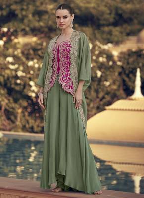 Mahendi chinon silk embroidered western Palazzo suit 1
