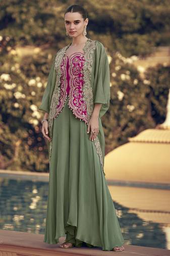 Mahendi chinon silk embroidered western plazzo suit