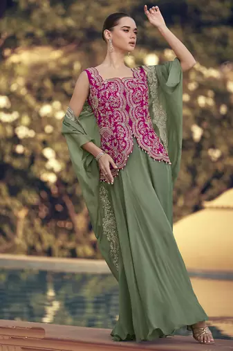 Mahendi chinon silk embroidered western Palazzo suit