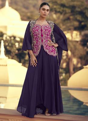 Purple chinon silk embroidered western Palazzo suit 1