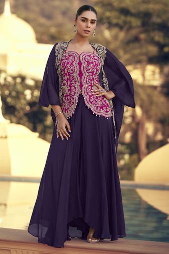 Purple chinon silk embroidered western plazzo suit