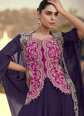 Purple chinon silk embroidered western Palazzo suit 2