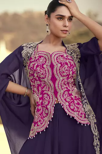Purple chinon silk embroidered western Palazzo suit