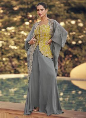 Grey chinon silk embroidered western Palazzo suit 1
