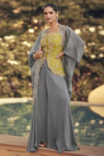 Grey chinon silk embroidered western plazzo suit