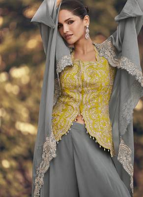 Grey chinon silk embroidered western Palazzo suit 2