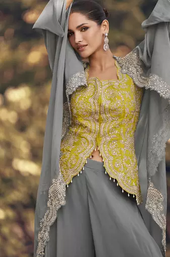 Grey chinon silk embroidered western Palazzo suit