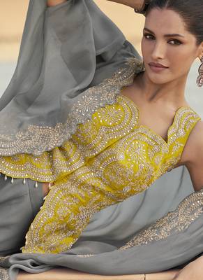 Grey chinon silk embroidered western Palazzo suit 3