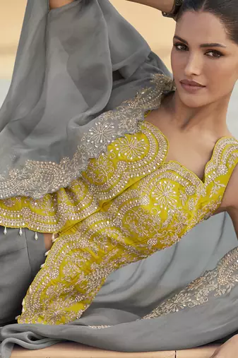 Grey chinon silk embroidered western Palazzo suit