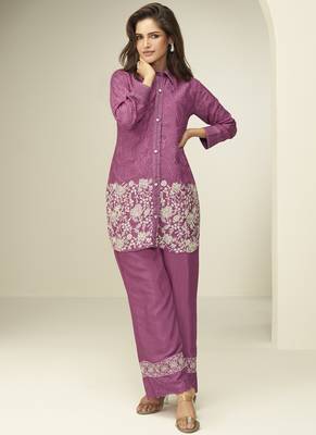 Onion pink chinon silk embroidered designer co ord set 1