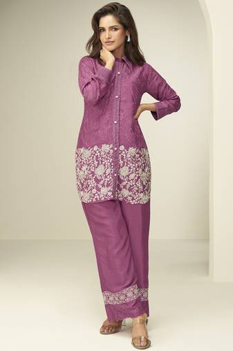 Onion pink chinon silk embroidered designer co ord set