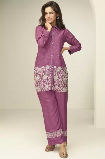Onion pink chinon silk embroidered designer co ord set