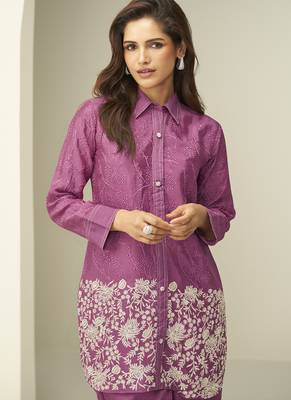 Onion pink chinon silk embroidered designer co ord set 2
