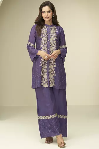 Violet chinon silk embroidered designer co ord set