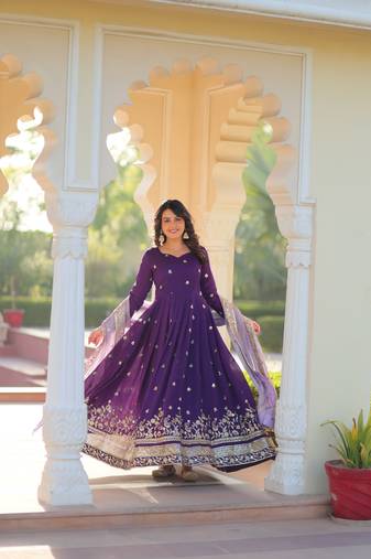 Purple kurti and duptta with Georgette Embroidery Zari Sequins-work