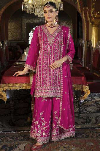 Rani pink chinon silk embroidered designer plazzo suit