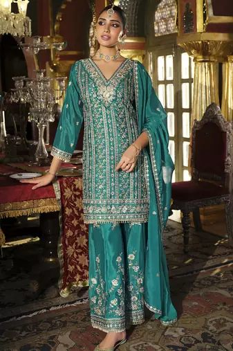 Turquoise chinon silk embroidered designer plazzo suit