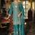 Turquoise chinon silk embroidered designer plazzo suit