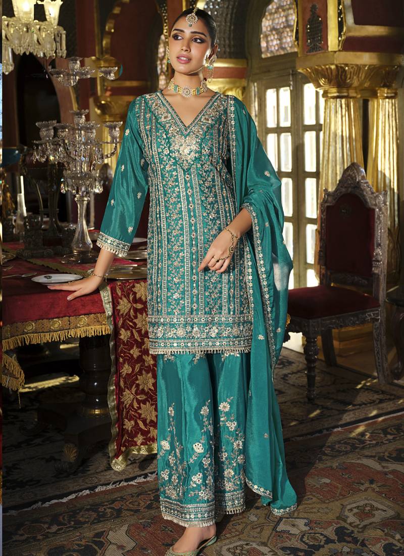 Turquoise chinon silk embroidered designer plazzo suit