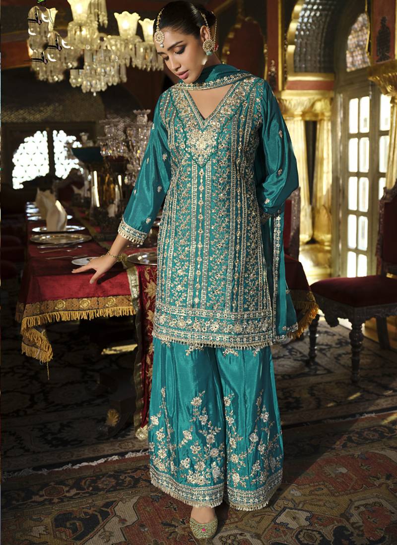 Turquoise chinon silk embroidered designer plazzo suit