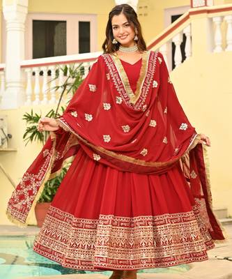 red Designer Georgette Gown Dupatta With Embroidery Zari Sequins Work 1