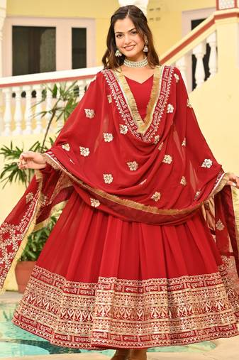 red Designer Georgette Gown Dupatta With Embroidery Zari Sequins Work