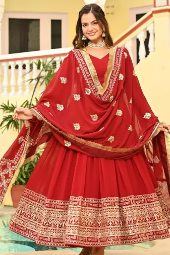 red Designer Georgette Gown Dupatta With Embroidery Zari Sequins Work