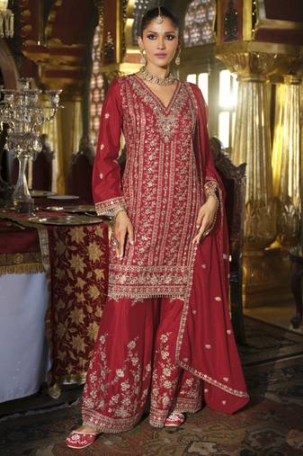 Maroon chinon silk embroidered designer plazzo suit