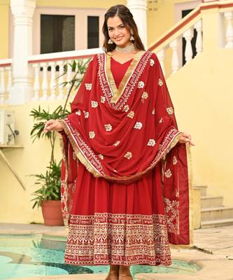 red Designer Georgette Gown Dupatta With Embroidery Zari Sequins Work 3
