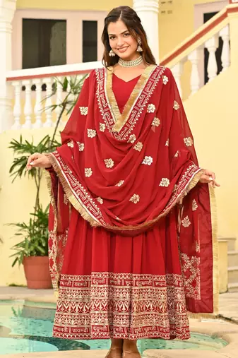 red Designer Georgette Gown Dupatta With Embroidery Zari Sequins Work