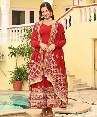 red Designer Georgette Gown Dupatta With Embroidery Zari Sequins Work 4