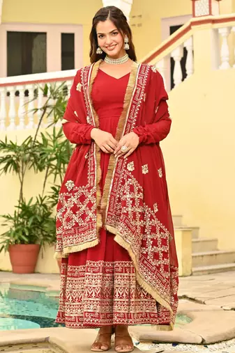 red Designer Georgette Gown Dupatta With Embroidery Zari Sequins Work