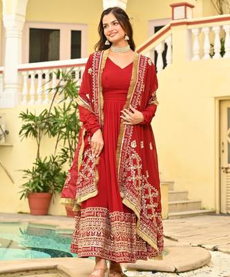 red Designer Georgette Gown Dupatta With Embroidery Zari Sequins Work 5