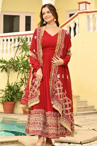 red Designer Georgette Gown Dupatta With Embroidery Zari Sequins Work