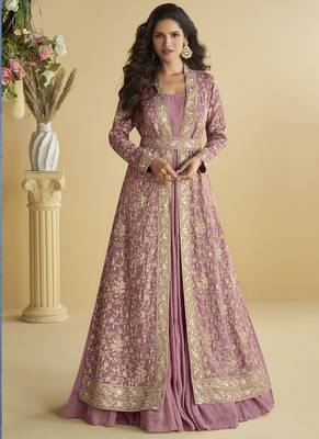 Onion pink chinon silk embroidered designer gown with strug 1
